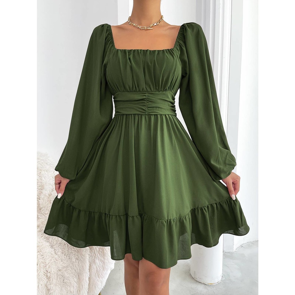 square neck long sleeve Knot Back Lantern Sleeve Ruffle Hem Dress black - Picture 8 of 11